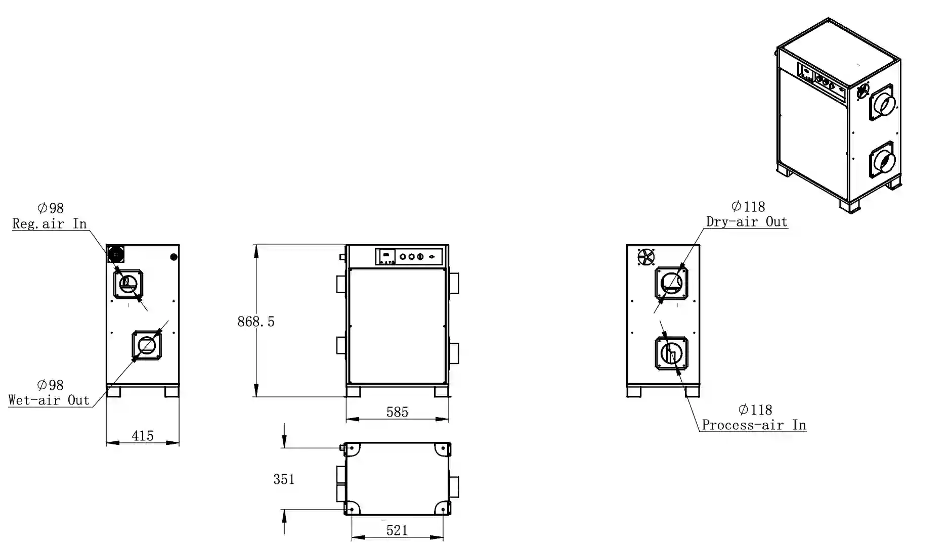 GZW-600L Mini Desiccant Dehumidifier Dimension
