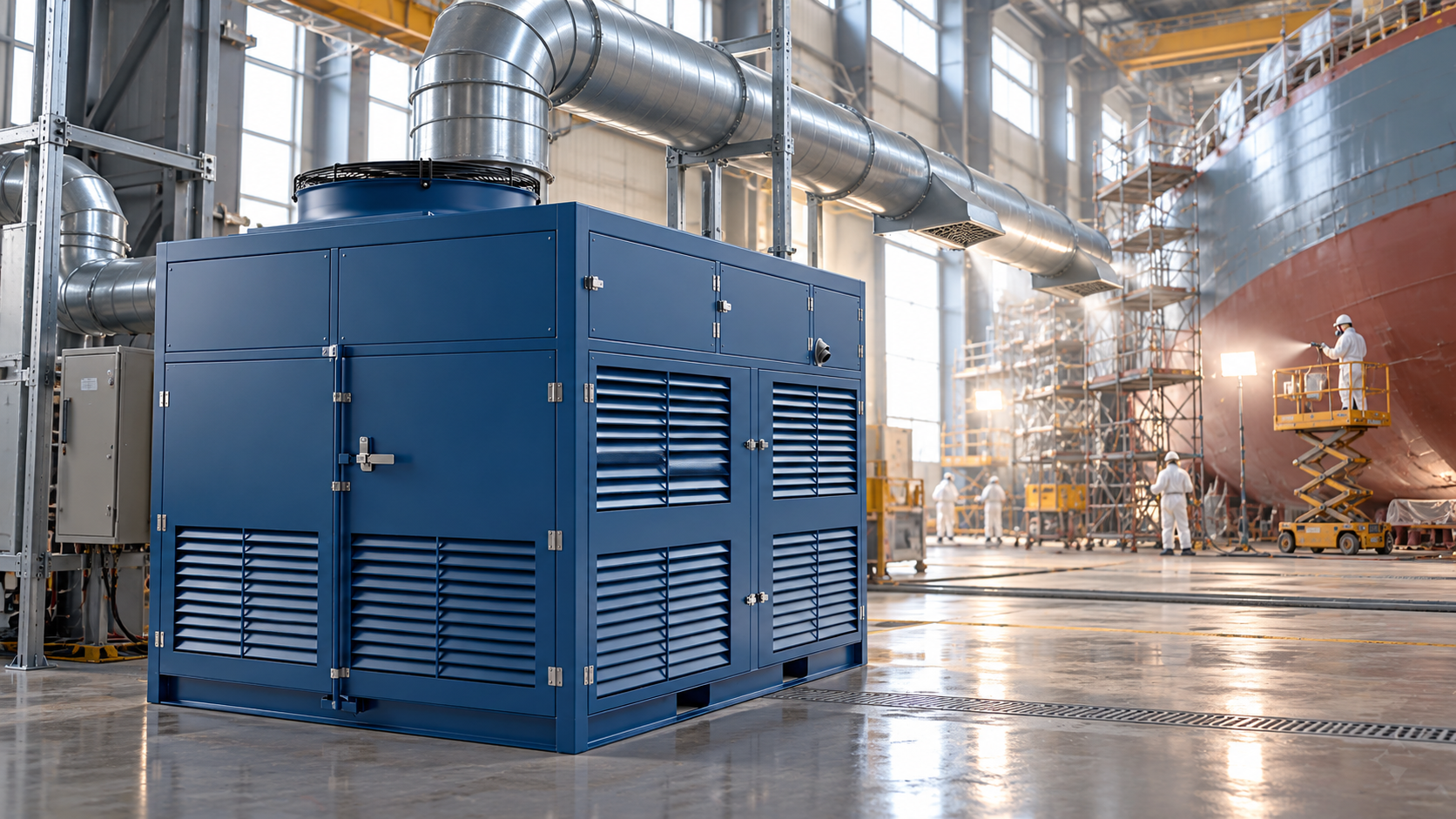 Shipbuilding type dehumidifier for shipyard hull coating
